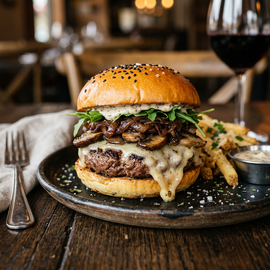 Gourmet truffle mushroom swiss burger