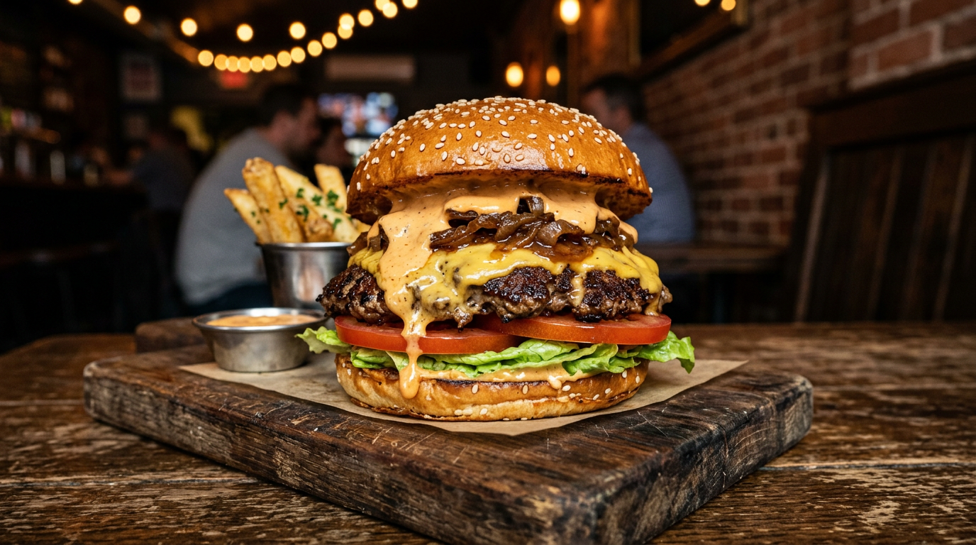 Juicy loaded cheeseburger with melted cheese and fresh toppings
